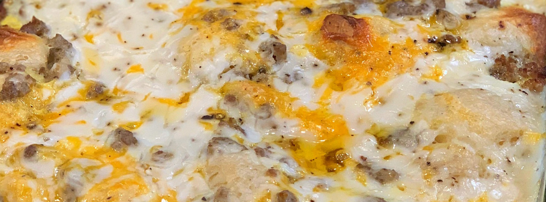 Biscuits and Gravy Casserole with Sausage and Eggs